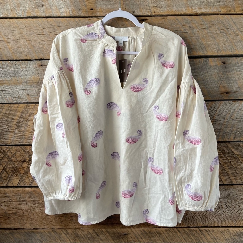 J. Jill Large Oversized Split Neck Cotton Blouse Top Puff Sleeves Lightweight - Picture 8 of 16